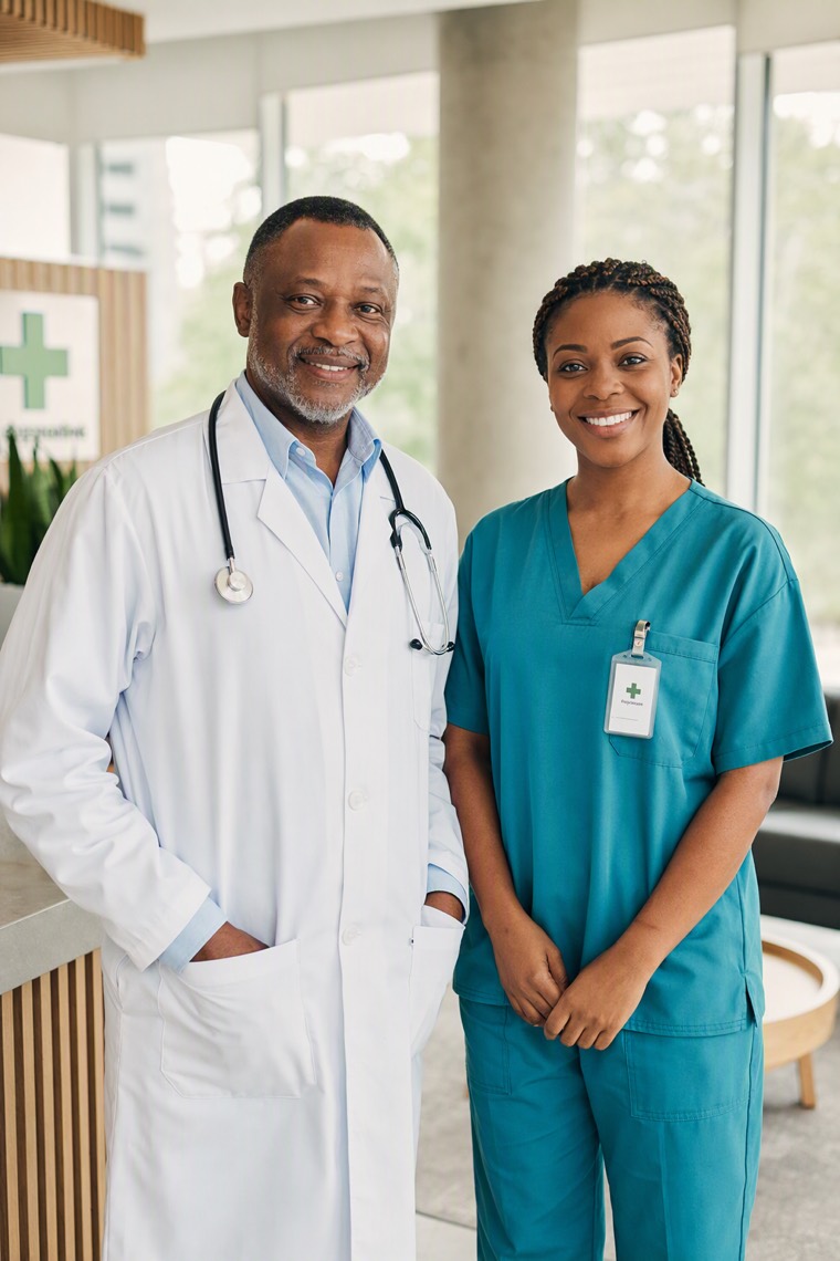 A Focus Clinical doctor and nurse welcoming visitors at the clinic