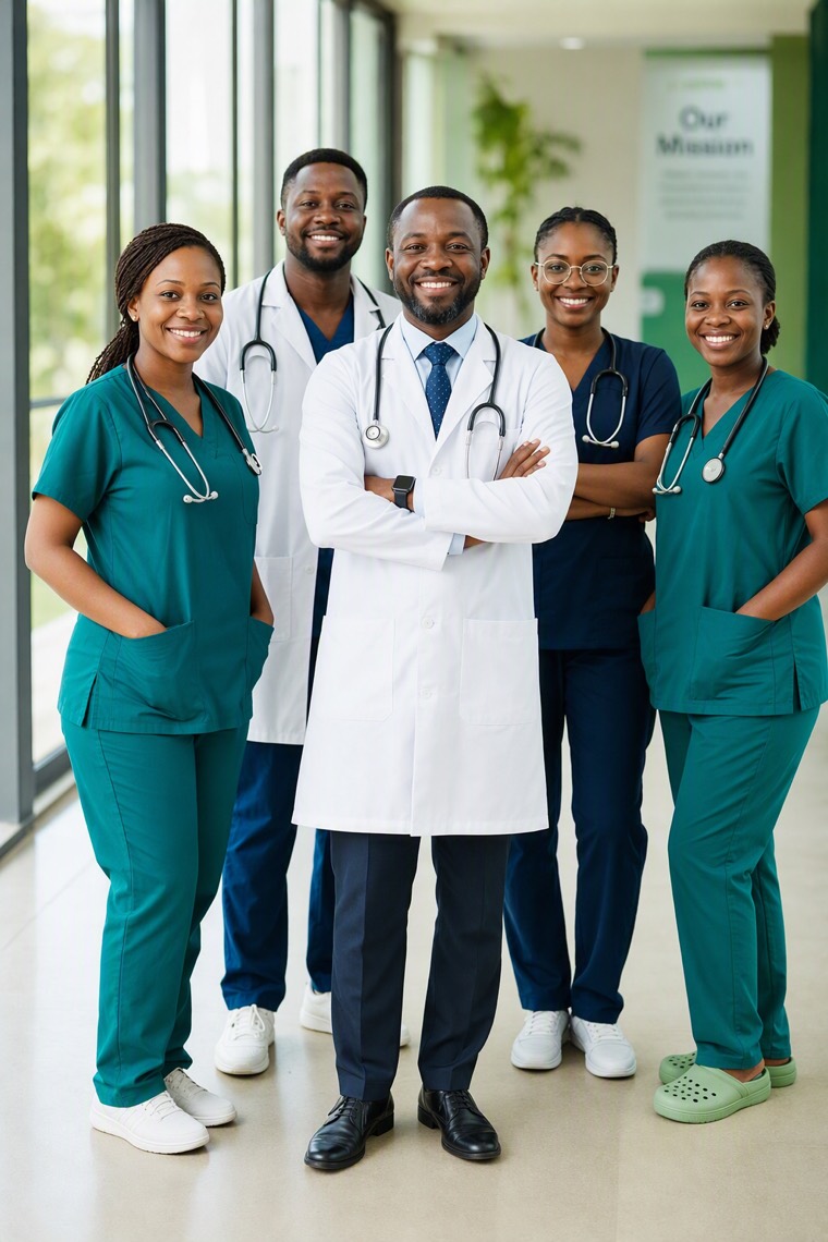 Focus Clinical doctors and nurses standing together in the clinic