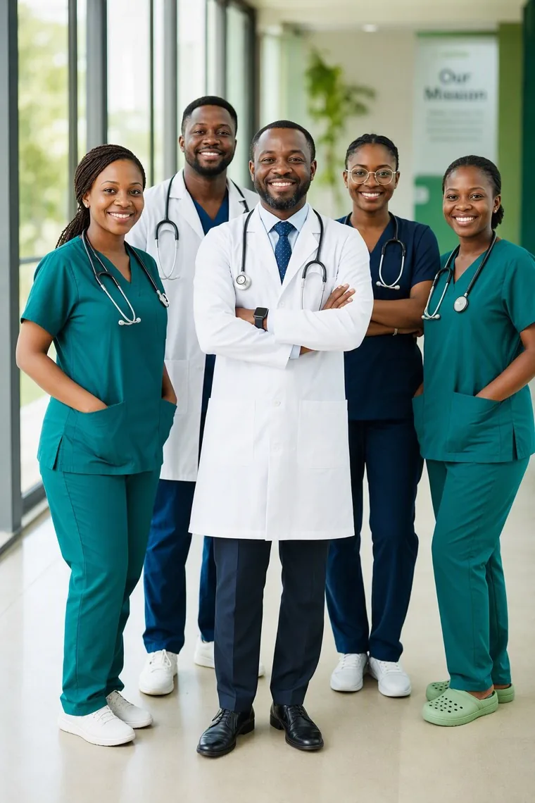 Focus Clinical doctors and nurses standing together in the clinic