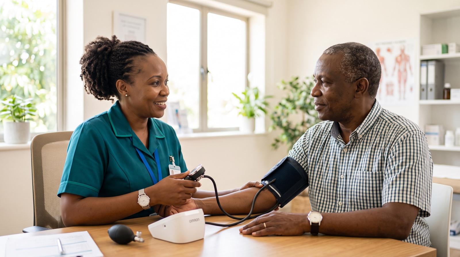 A nurse checking a patient’s blood pressure