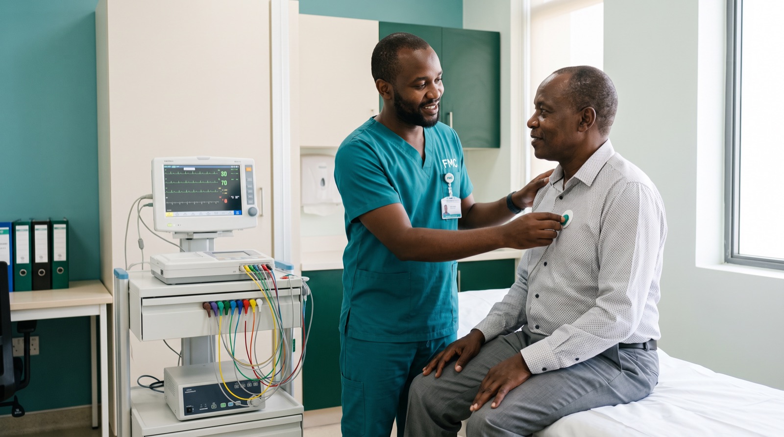 A clinician performing an ECG beside a cardiac monitor