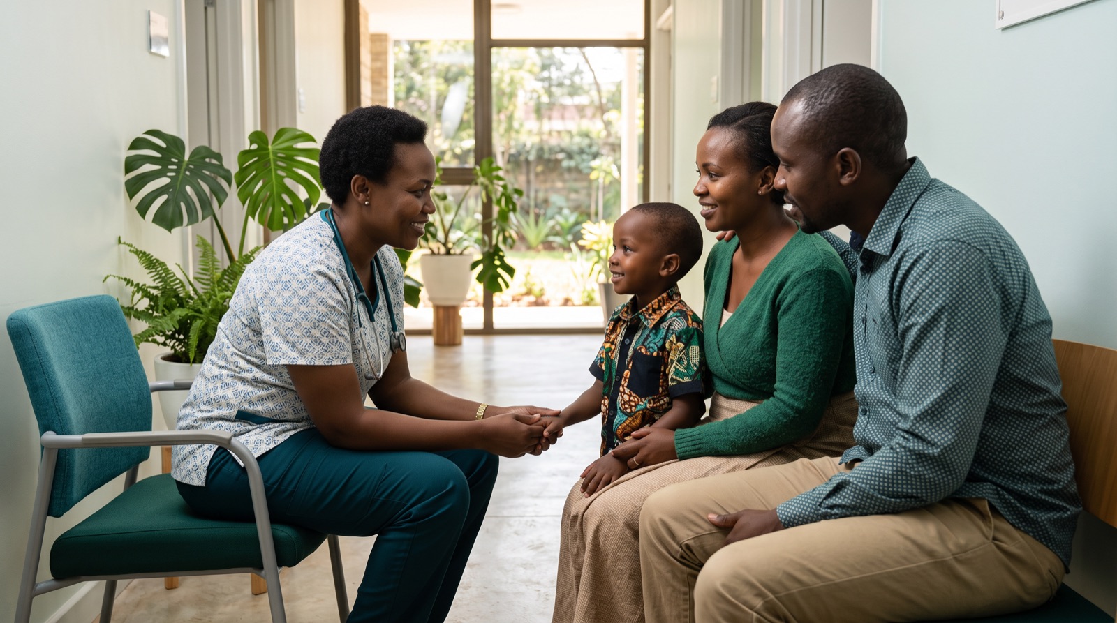 A nurse with a child and their parents