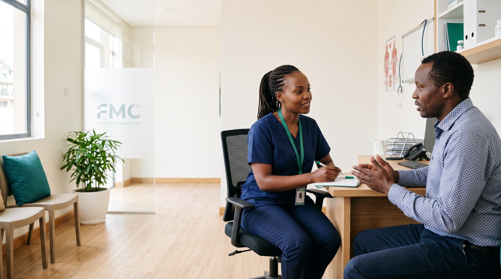A Focus Clinical clinician consulting with a patient in an FCDC-branded clinic