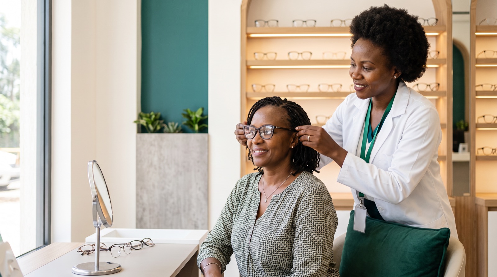 An optometrist fitting a pair of glasses for a patient