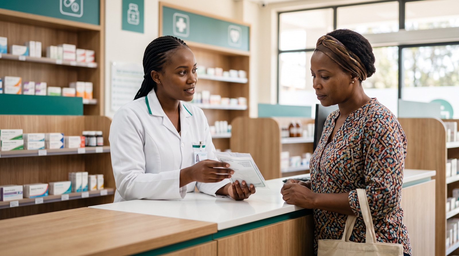 A pharmacist counselling a patient at the dispensing counter