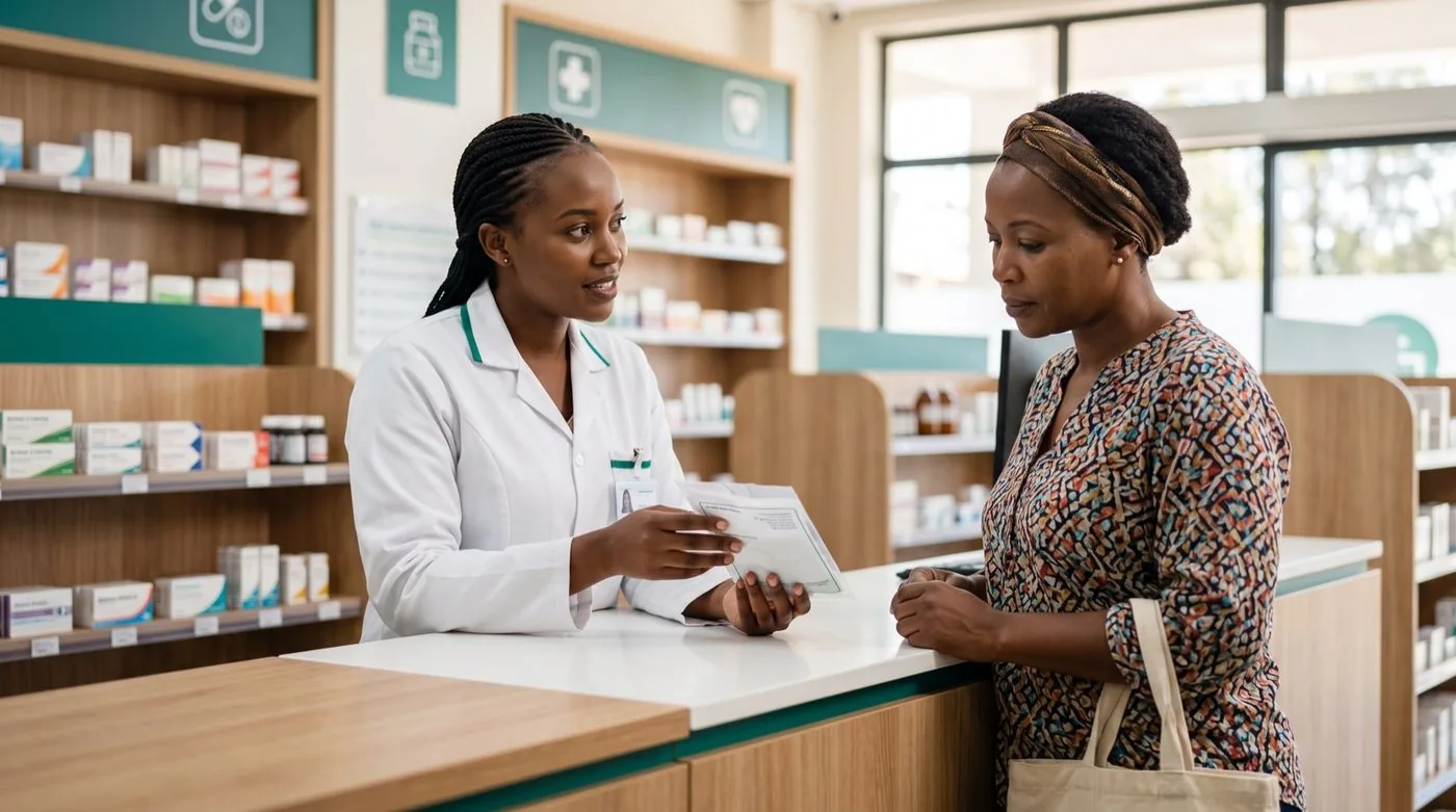 A pharmacist counselling a patient
