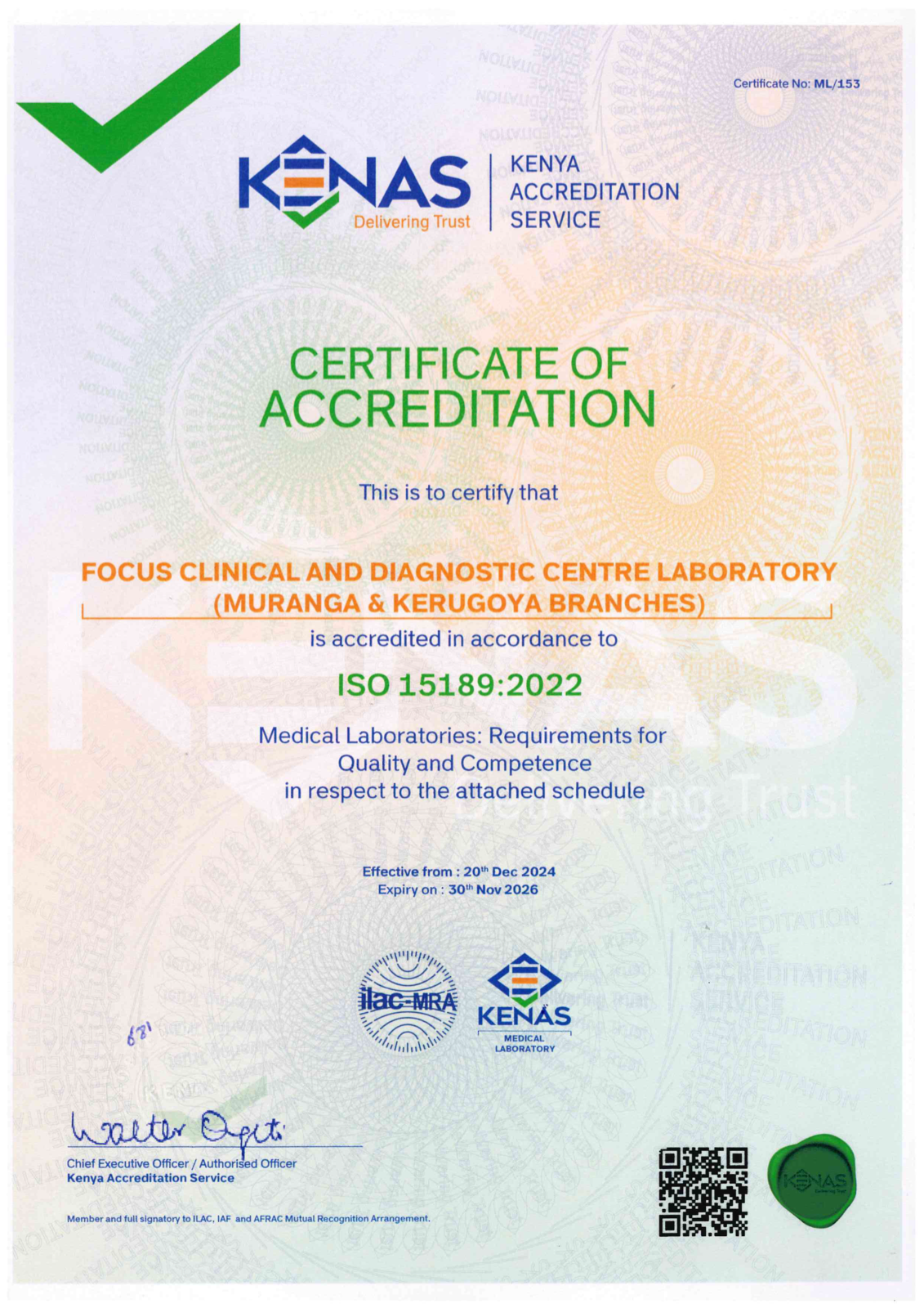 KENAS Certificate of Accreditation — Focus Clinical and Diagnostic Centre Laboratory (Muranga & Kerugoya Branches), ISO 15189:2022, Certificate No. ML/153